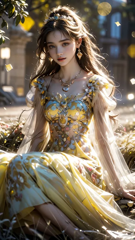 8K, ultra hd, masterpiece, 1 girl, (good face:1.4), detailed eyes, very long hair, impressive hairstyle, earings, necklace, small breasts, (yellow dress:1.5), see-through, (fantasy dress:1.5) Light-colored foundation brings out the transparency of the skin...