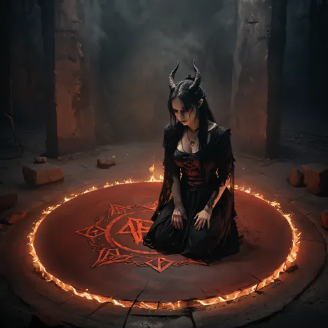 a woman half demon, kneeling down on the top of red anicent rune circle, fire, dark, horror, gothic,