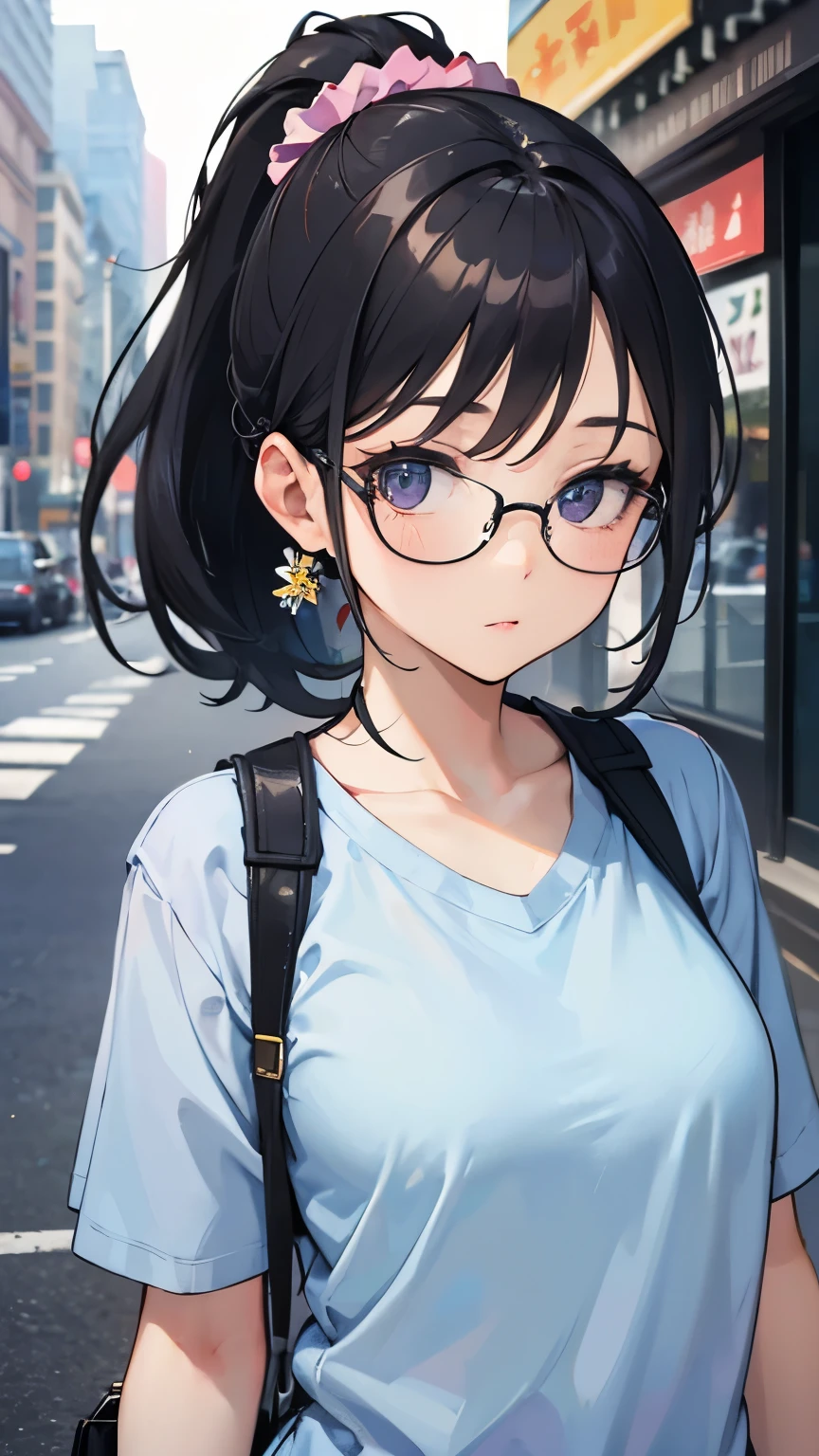 ((best quality)), ((masterpiece)), (detailed), perfect face, Ponytail and scrunchie, black hair, wears glasses, mature, adult woman