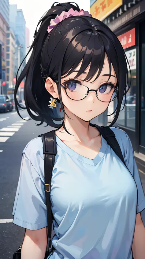 ((best quality)), ((masterpiece)), (detailed), perfect face, Ponytail and scrunchie, black hair, wears glasses, mature, adult wo...