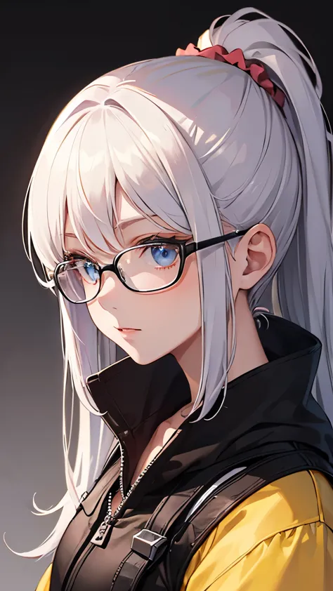 ((best quality)), ((masterpiece)), (detailed), perfect face, Ponytail and scrunchie, white hair, wears glasses