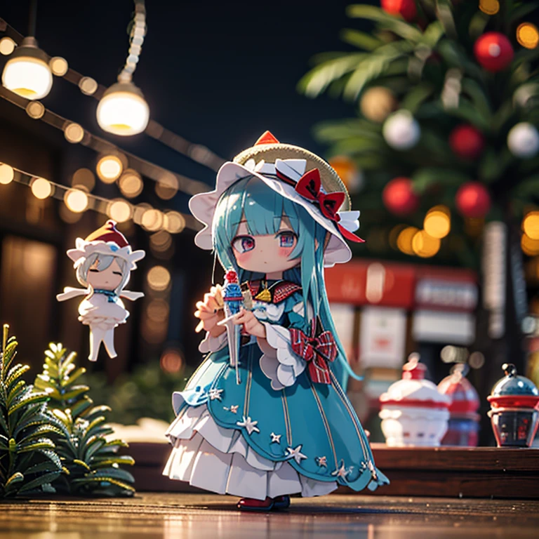 long shot、flying doll、Doll wearing a dress and straw hat、pop up parade figures、jellyfish、anime figures、Christmas tree on the background、Strong bokeh