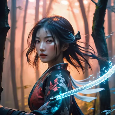 portrait,In this fantasy-style painting,a samurai girl with a translucent glowing body wanders through a mysterious forest,surro...