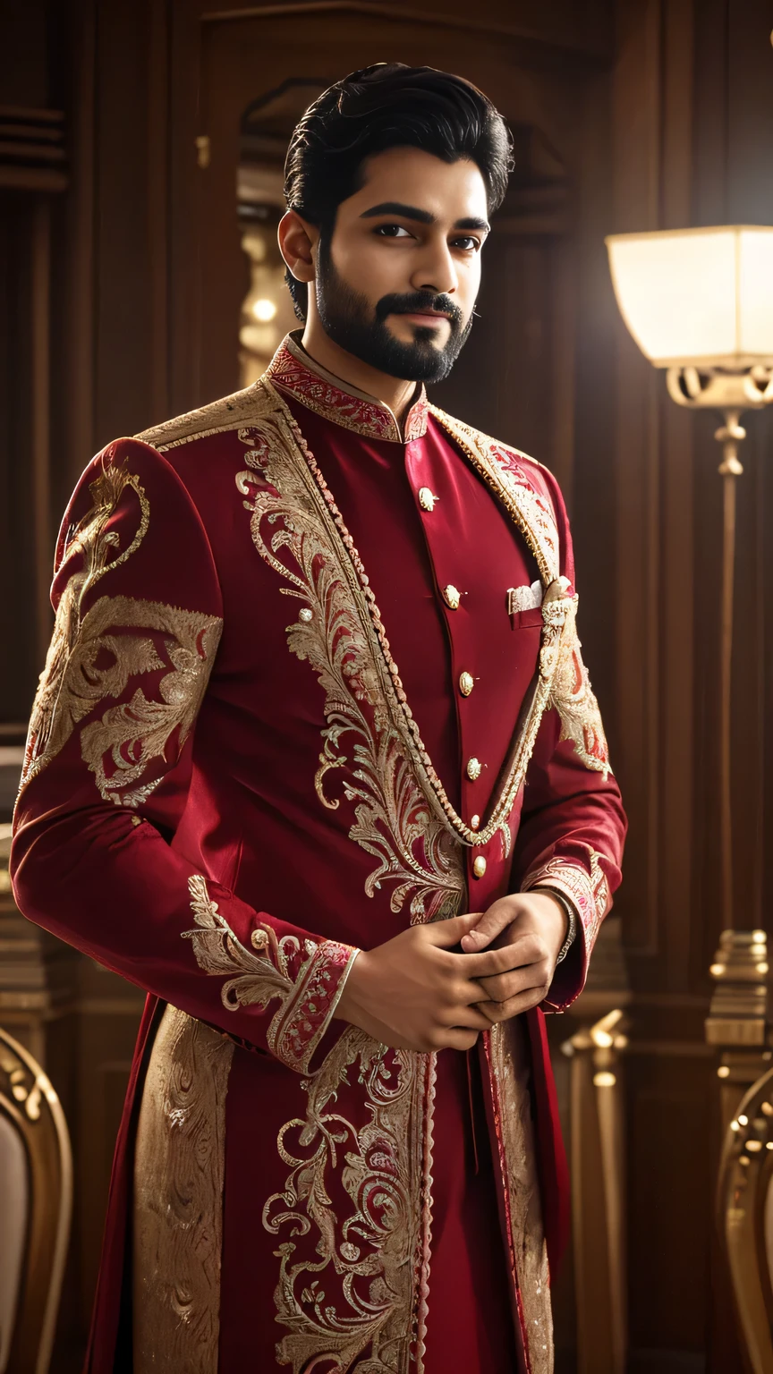 Un homme indien sexy portant un sherwani avec des motifs très détaillés, et est assis sur un meuble en acajou coûteux, il a un visage très beau et une coiffure magnifique .  Il a( barbe courte 0.3)il a un air calme et confiant,  et il regarde la caméra,  c&#39;est un chef d&#39;oeuvre cinématographique,  Avec un éclairage magnifique,  résolution de haute qualité, homme réaliste, 8k ultraHD, NSFW,homoérotique, Expression souriante 