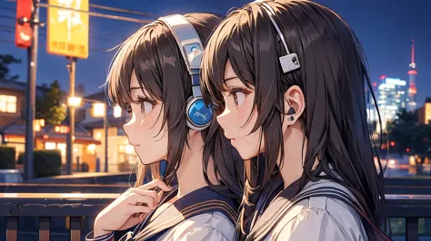 train，headphones、sailor suit，evening，profile