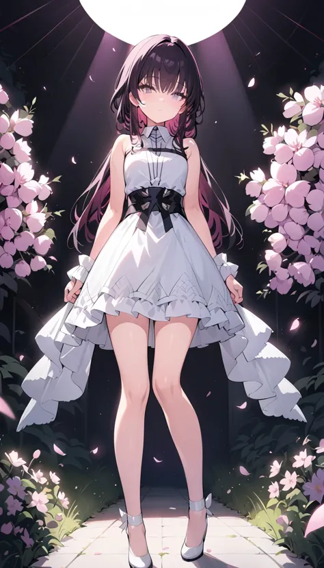 (little girl:1.5),lace,ribbon,(masterpiece, side light, Delicate and beautiful gray eyes: 1.2), Medium chest, actual, glowing eyes,shiny hair,black hair,long hair, shiny skin, alone, Awkward,Strapless,Beautifully,beautify,garden,flowers,flying petals, bare...