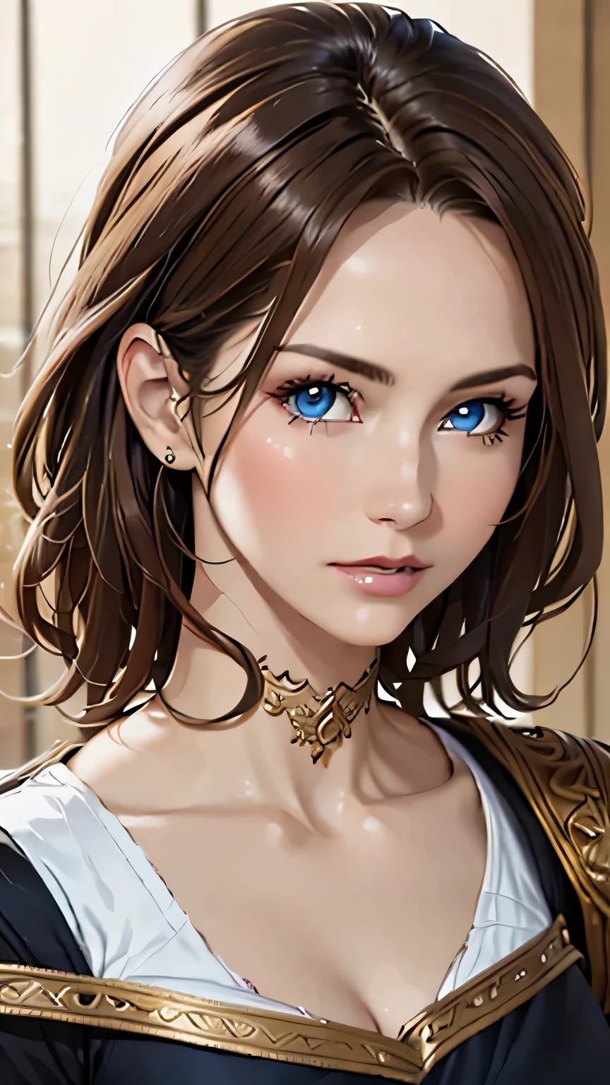 (highest quality,4k,8K,High resolution,masterpiece:1.2),Super detailed,realistic:1.37,portrait,brown hair,blue eyes,white skin,medieval clothing,detailed facial features,beautiful lips,gorgeous eyes,A wonderful expression,retro style,soft lighting,Bright colors,blonde,