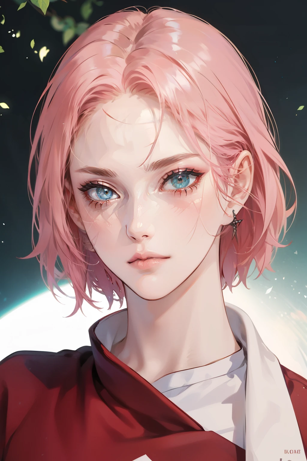 Girl, pink hair, green eyes, sharp features, white skin, pink lips, red shirt