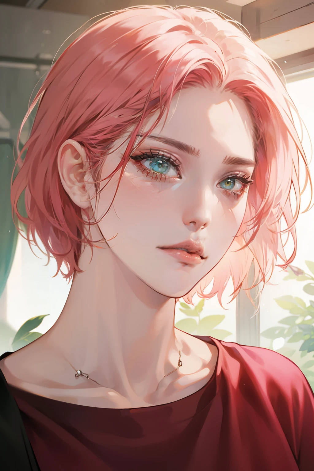 소녀, 분홍색 머리, 녹색 눈, 날카로운 특징, 하얀 피부, 핑크색 입술, 빨간 셔츠