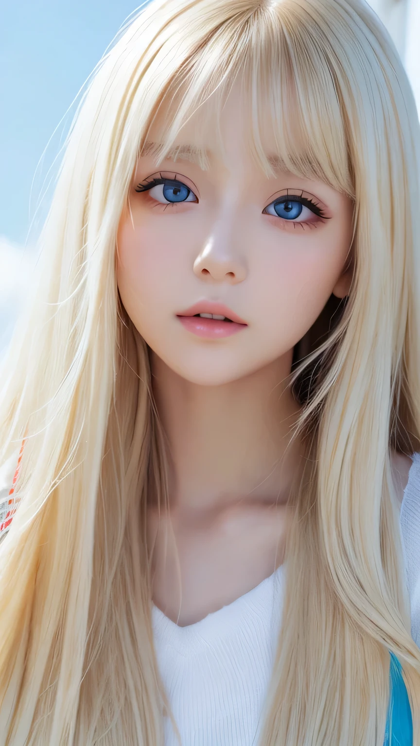 A close up of a doll with long blonde hair and blue eyes - SeaArt AI