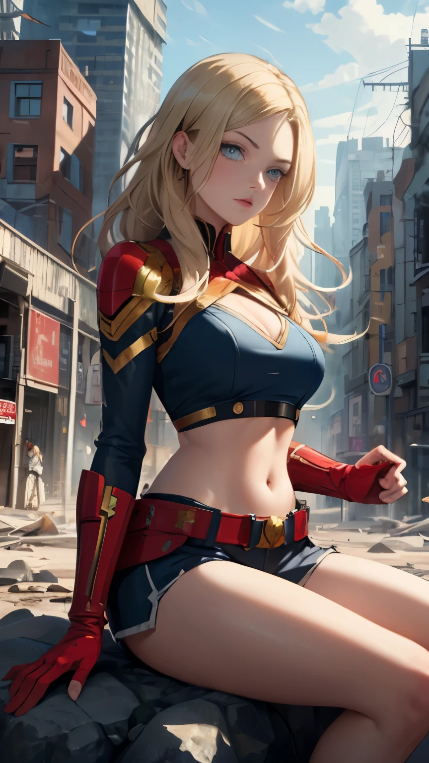 (Highly quality, masterpiece, detailed), destroyed city detailed scenario, destroyed city detailed background, solo, 1 woman, gold hair, long hair, blue eyes, cptMarvel, Cropped top 1.4, sleeves, red gloves, belt, sitting on a rock, beautiful eyes, look at the viewer, Sexy pose 