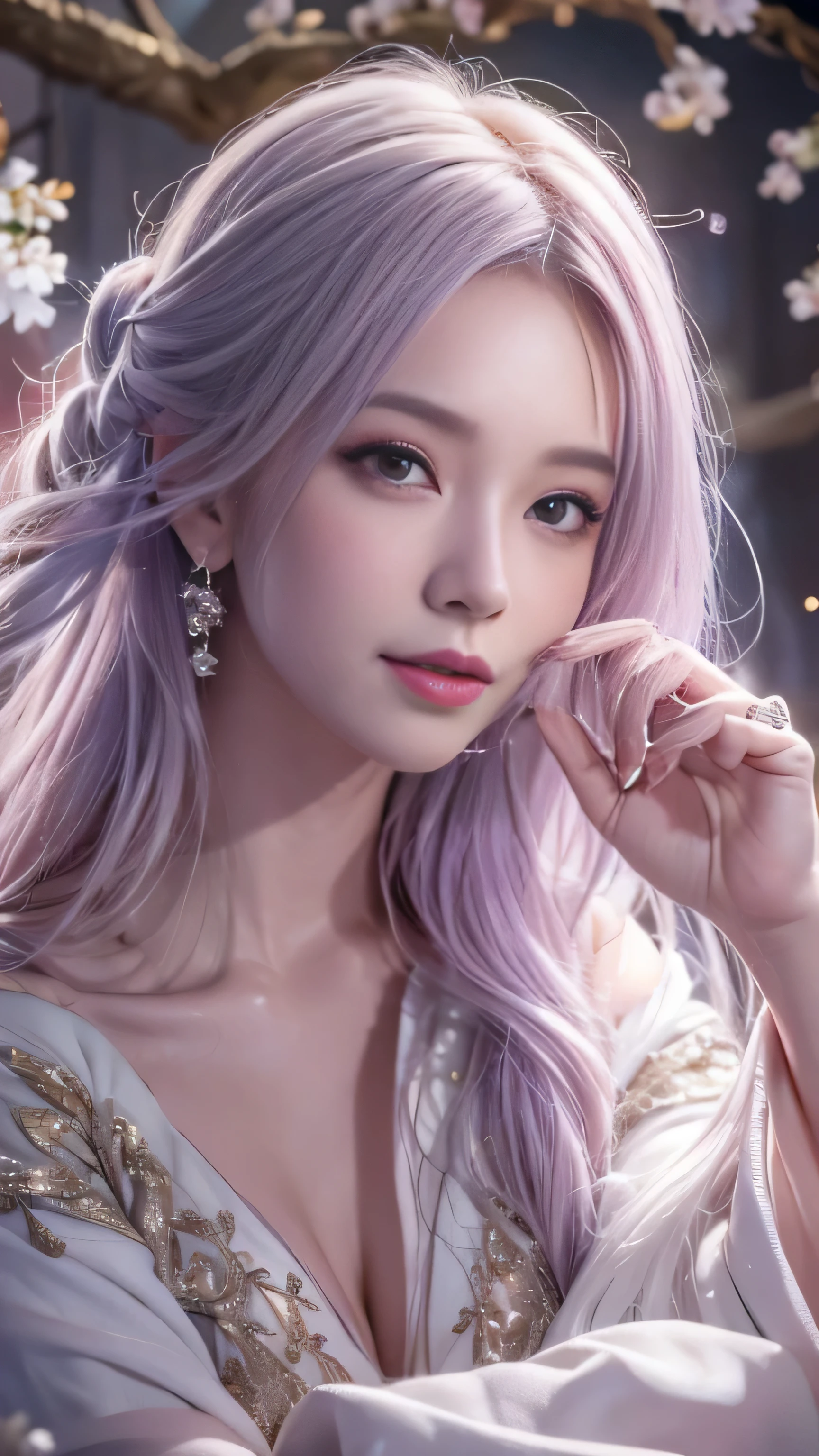  masterpiece, 8K, table top, Raw photo, wonderful, 最high quality, Photorealistic and hvery detailed CG integrated 8K wallpaper, high quality, very detailed, Narrative poem, particle effects, dynamic effects, Depth of written boundary, cinematic light, Lens flare, ray tracing, anatomically accurate, fantasy, 1 beautiful woman, ((lilac hair)), clear eyes, long hair, beautiful face, real face, Dense and beautiful eyes, beautiful skin, dancing woman, （Gracefully dancing woman）, long hairが風でなびく, long hairが跳ねる, long hairが風で舞い上がる, hair bounces, jewelry, beautiful eyes, （Off-the-shoulder semi-transparent white robe）、（Off-the-shoulder pink robe、Layering）  White cherry blossom embroidery pattern, silver earrings,, Her hair color is light pink.、（milky way galaxy）、