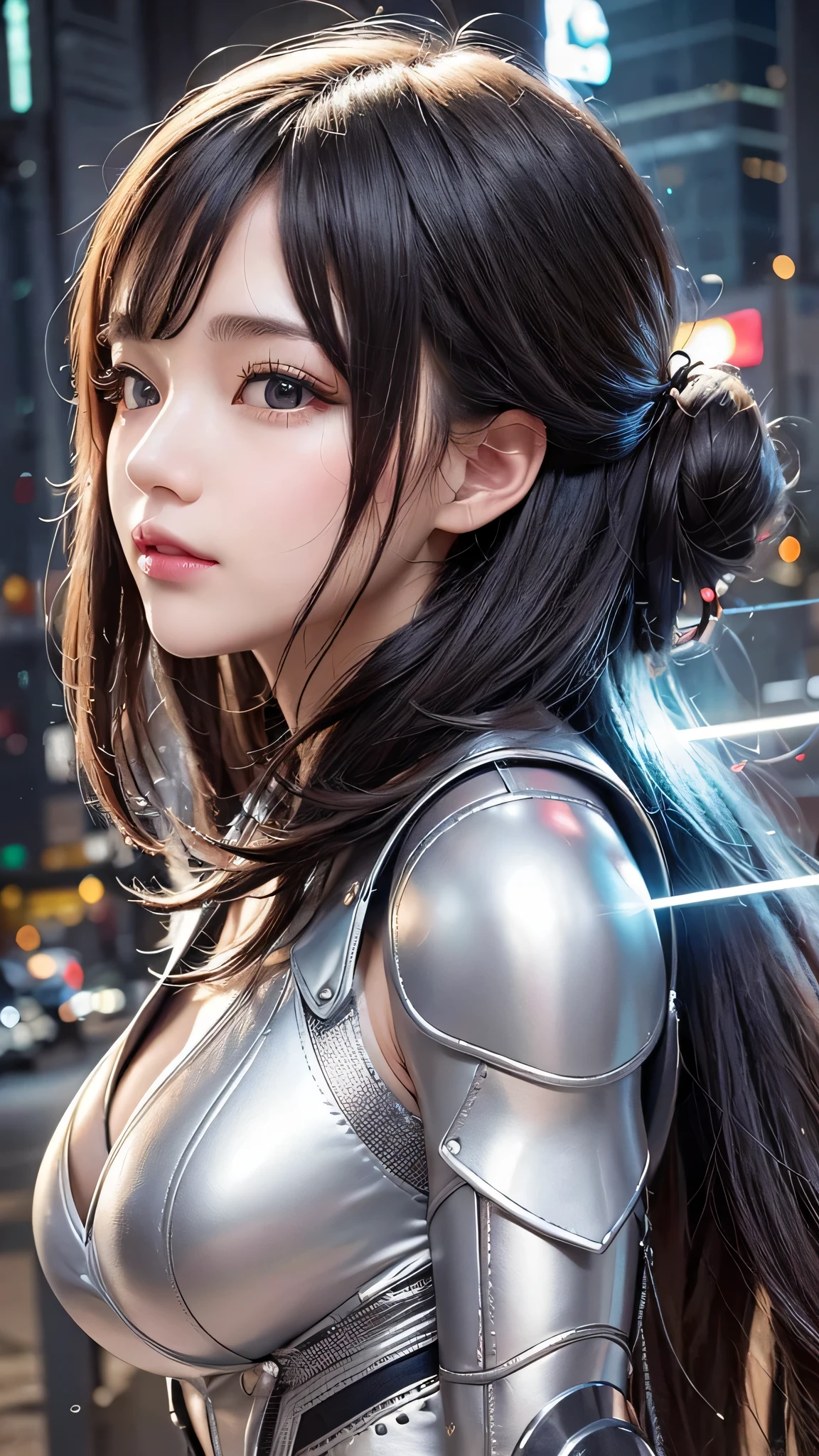 highest quality ,masterpiece, figure, very delicate and beautiful, very detailed ,cg ,unity ,8k wallpaper, wonderful, finely, masterpiece,highest quality,official art,very detailed cg unity 8k wallpaper,disorganized, incredibly disorganized, Super detailed, High resolution, very detailed,beautiful detailed girl,light shines on your face, 1 girl, Mecha, armor, Mechanical_body, black hair,  spaceship, city, cyber punk, star_null,  