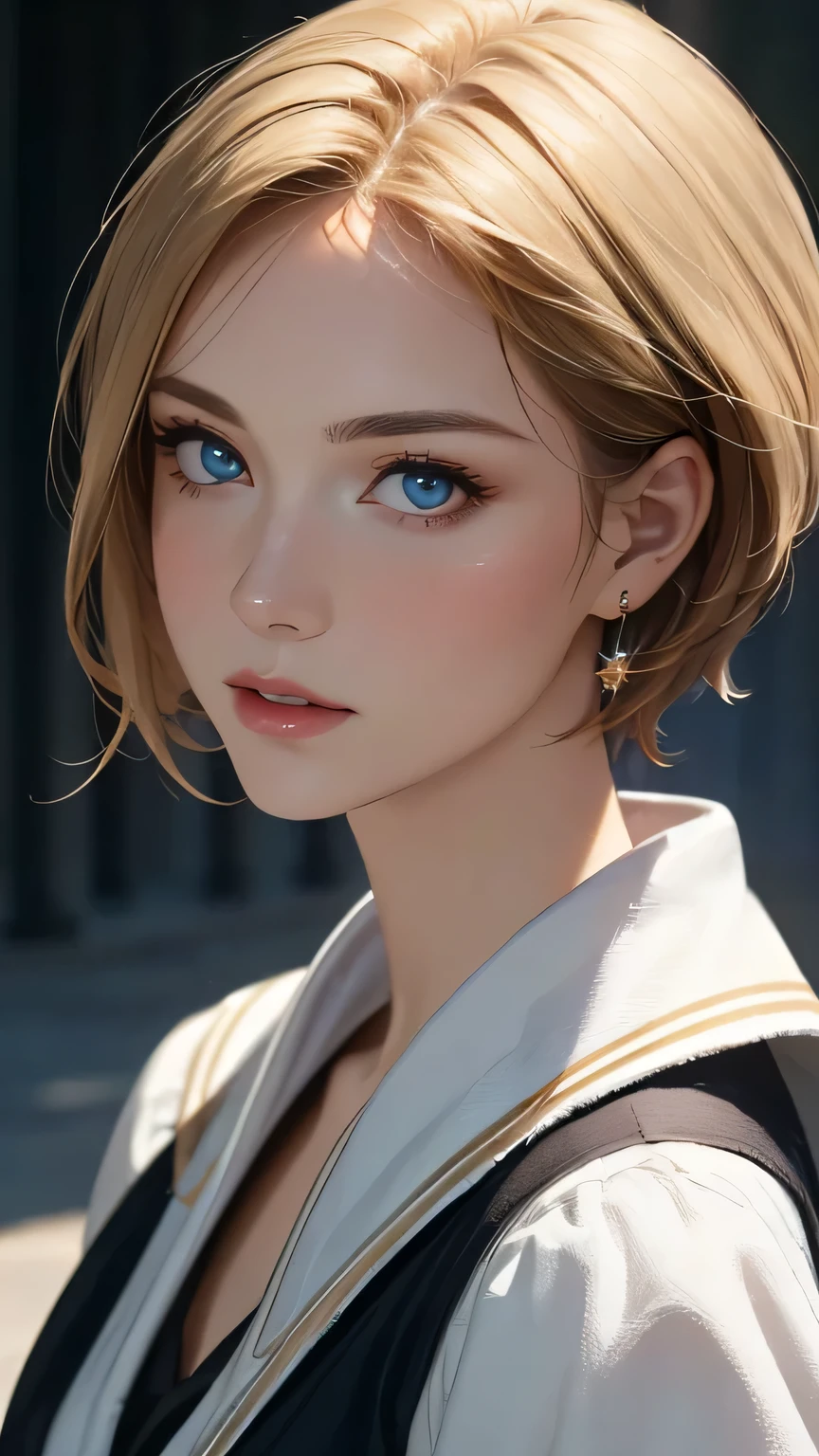 (highest quality,4k,8K,High resolution,masterpiece:1.2),Super detailed,realistic:1.37,portrait,blonde,blue eyes,white skin,medieval clothing,detailed facial features,beautiful lips,gorgeous eyes,A wonderful expression,retro style,soft lighting,Bright colors,short hair,break,