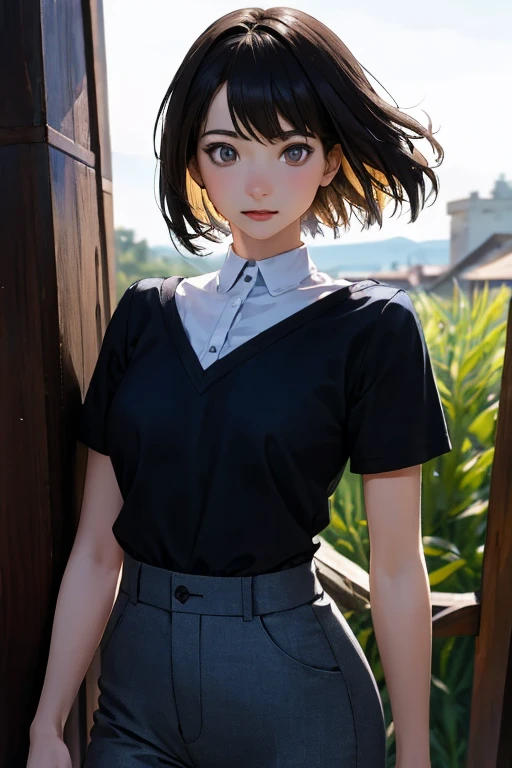 (masterpiece, best quality, high quality, highres, ultra-detailed, detailed background,)1girl,(early teens),black hair,short hair,(the witcher),(trousers)
looking at viewer,