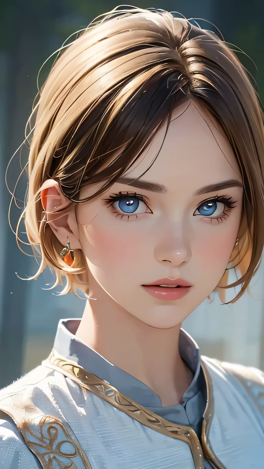 (highest quality,4k,8K,High resolution,masterpiece:1.2),Super detailed,realistic:1.37,portrait,blonde,blue eyes,white skin,medieval clothing,detailed facial features,beautiful lips,gorgeous eyes,A wonderful expression,retro style,soft lighting,Bright colors,short hair,break,