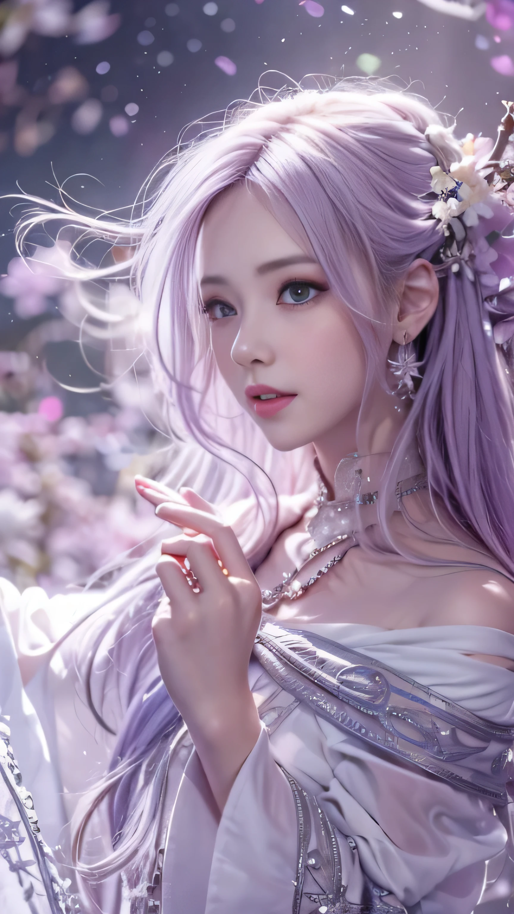  masterpiece, 8K, table top, Raw photo, wonderful, 最high quality, Photorealistic and hvery detailed CG integrated 8K wallpaper, high quality, very detailed, Narrative poem, particle effects, dynamic effects, Depth of written boundary, cinematic light, Lens flare, ray tracing, anatomically accurate, fantasy, 1 beautiful woman, ((lilac hair)), clear eyes, long hair, beautiful face, real face, Dense and beautiful eyes, beautiful skin, dancing woman, Gracefully dancing woman, long hairが風でなびく, long hairが跳ねる, long hairが風で舞い上がる, hair bounces, jewelry, beautiful eyes, （Translucent white robe）、（pink feather robe、Layering）  White cherry blossom embroidery pattern, silver earrings,, hair color is light purple、（milky way galaxy）、