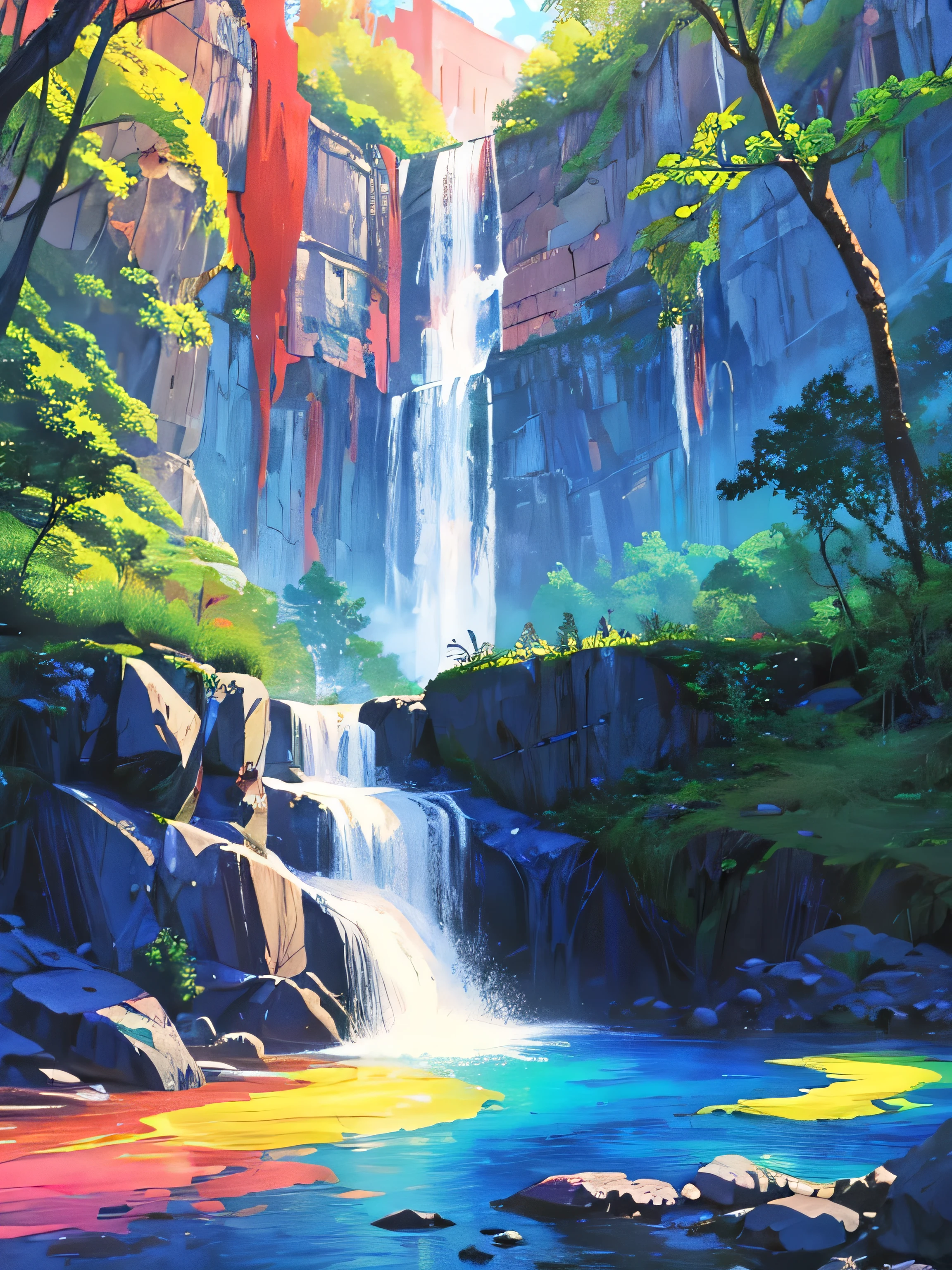 Painting of a waterfall with a 彩虹 in the middle of it, 彩虹 river waterfall, 有树木和瀑布, ethereal 彩虹s, 森林和瀑布, just one 彩虹 8 k, 彩虹, 美丽的数字绘画, 瀑布飞泻，色彩缤纷, 奇幻绘画风格, 令人惊叹的数字绘画, 有瀑布和河流, 魔法森林背景, 无尽的瀑布, 清洗技术, 丰富多彩的, 一幅滴落和散落的颜料画, 柔和照明, 高质量, 杰作
