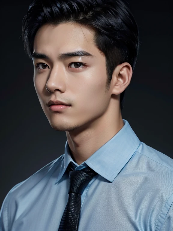 black hair, hairstyle showing forehead, light blue Y-shirt, tie, black background, realistic asian handsome face, natural muscles, beardless face, masterpiece, A high resolution, hyperrealism, detailed face, solo, a men, glowing skin, (Asian), (young, teenager , student ), Handsome, detailed background, Handsome