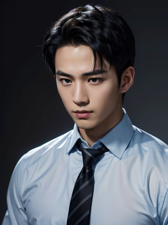 black hair, hairstyle showing forehead, light blue Y-shirt, tie, black background, realistic asian handsome face, natural muscles, beardless face, masterpiece, A high resolution, hyperrealism, detailed face, solo, a men, glowing skin, (Asian), (young, teenager , student ), Handsome, detailed background, Handsome