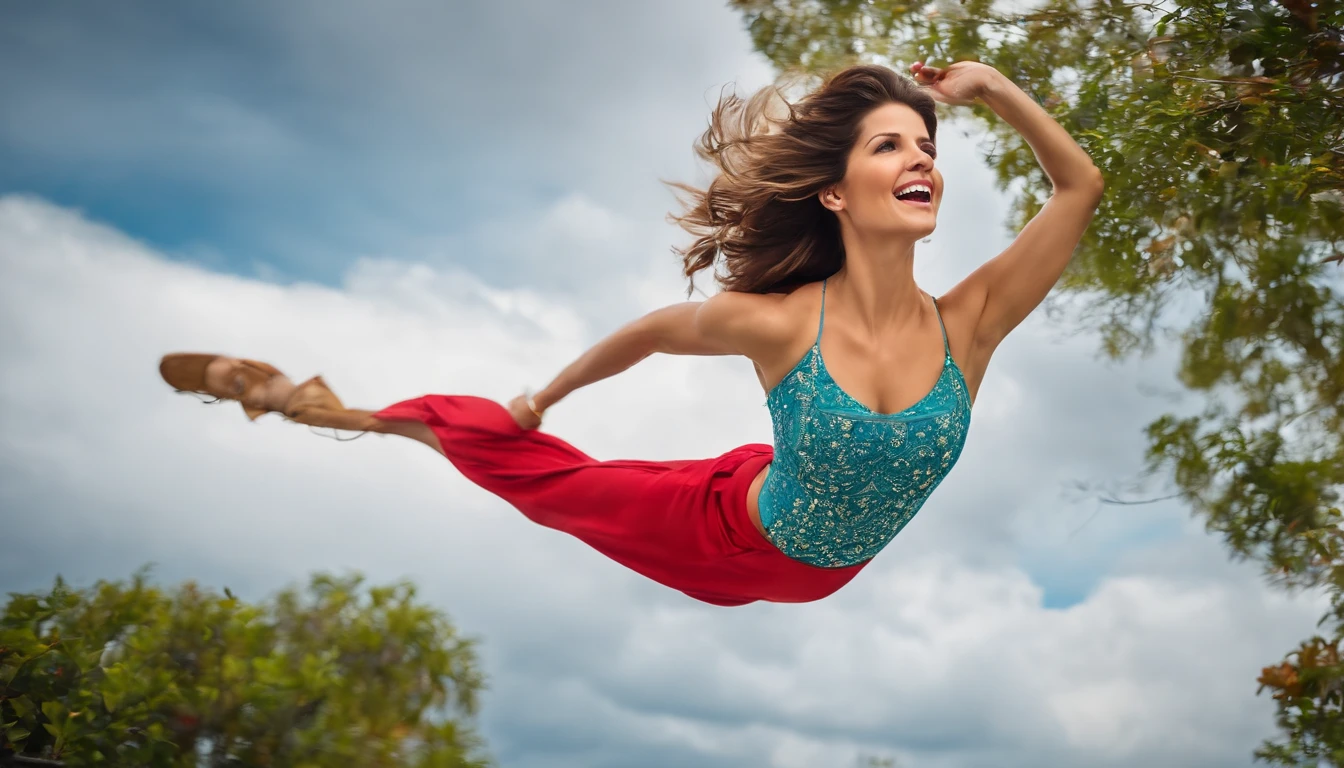 Amanda Cerny flying happily and gracefully in the sky - SeaArt AI