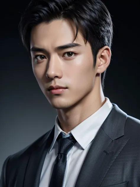 black hair, hairstyle showing forehead, light blue Y-shirt, whole body、tie, black background, realistic asian handsome face, nat...