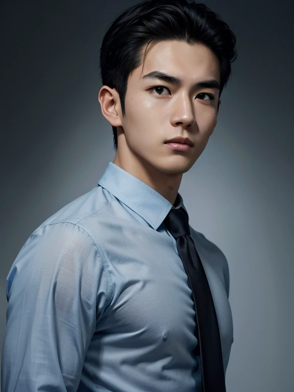 black hair, hairstyle showing forehead, light blue Y-shirt, whole body、tie, black background, realistic asian handsome face, natural muscles, beardless face, masterpiece, A high resolution, hyperrealism, detailed face, solo, a men, glowing skin, (Asian), (young, teenager , student ), Handsome, detailed background, Handsome