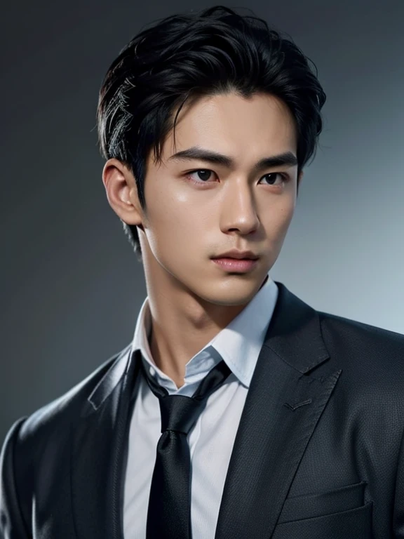 black hair, hairstyle showing forehead, light blue Y-shirt, Unbutton your shirt to reveal your abs、whole body、tie, black background, realistic asian handsome face, natural muscles, beardless face, masterpiece, A high resolution, hyperrealism, detailed face, solo, a men, glowing skin, (Asian), (young, teenager , student ), Handsome, detailed background, Handsome