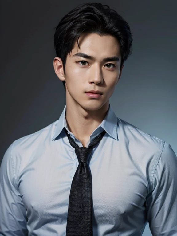 black hair, hairstyle showing forehead, light blue Y-shirt, Unbutton your shirt to reveal your abs、whole body、tie, black background, realistic asian handsome face, natural muscles, beardless face, masterpiece, A high resolution, hyperrealism, detailed face, solo, a men, glowing skin, (Asian), (young, teenager , student ), Handsome, detailed background, Handsome