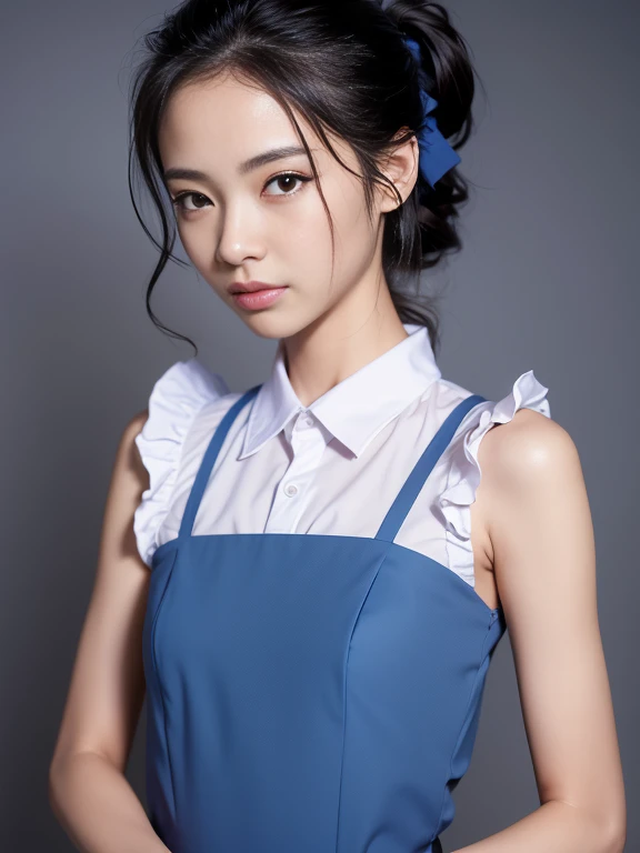 close up face,standing on stage,Blue colored long dress with lots of ruffles,One woman,masutepiece, The highest image quality, High quality, the background is clear,Beautiful woman, Japanese, Detailed, Detailed eyes, Detailed skin, Beautiful skin, 超hight resolution, (reality: 1.4),Very beautiful woman, Slightly younger face, Beautiful skin, slender, (Ultra photo realsisim), (hight resolution), (8K), (Very detailed) (beautifully detailed eyes), (super detailed), (Detailed face), view the viewer, Fine details, Detailed face, Staring straight ahead, Staring straight ahead, photos realistic, Bright lighting, Professional Lighting, Black hair,poneyTail,a baby face,fifteen years old,Hairstyle is ponytail,long ponytail hairstyle,slight smile,neat and tidy clothing,Beautiful Japanese KPOP idol photo, hair style is ponytail, my eyes are double and wide, baby face, smile and look straight ahead, slender, small breasts,Blue ribbon on head,