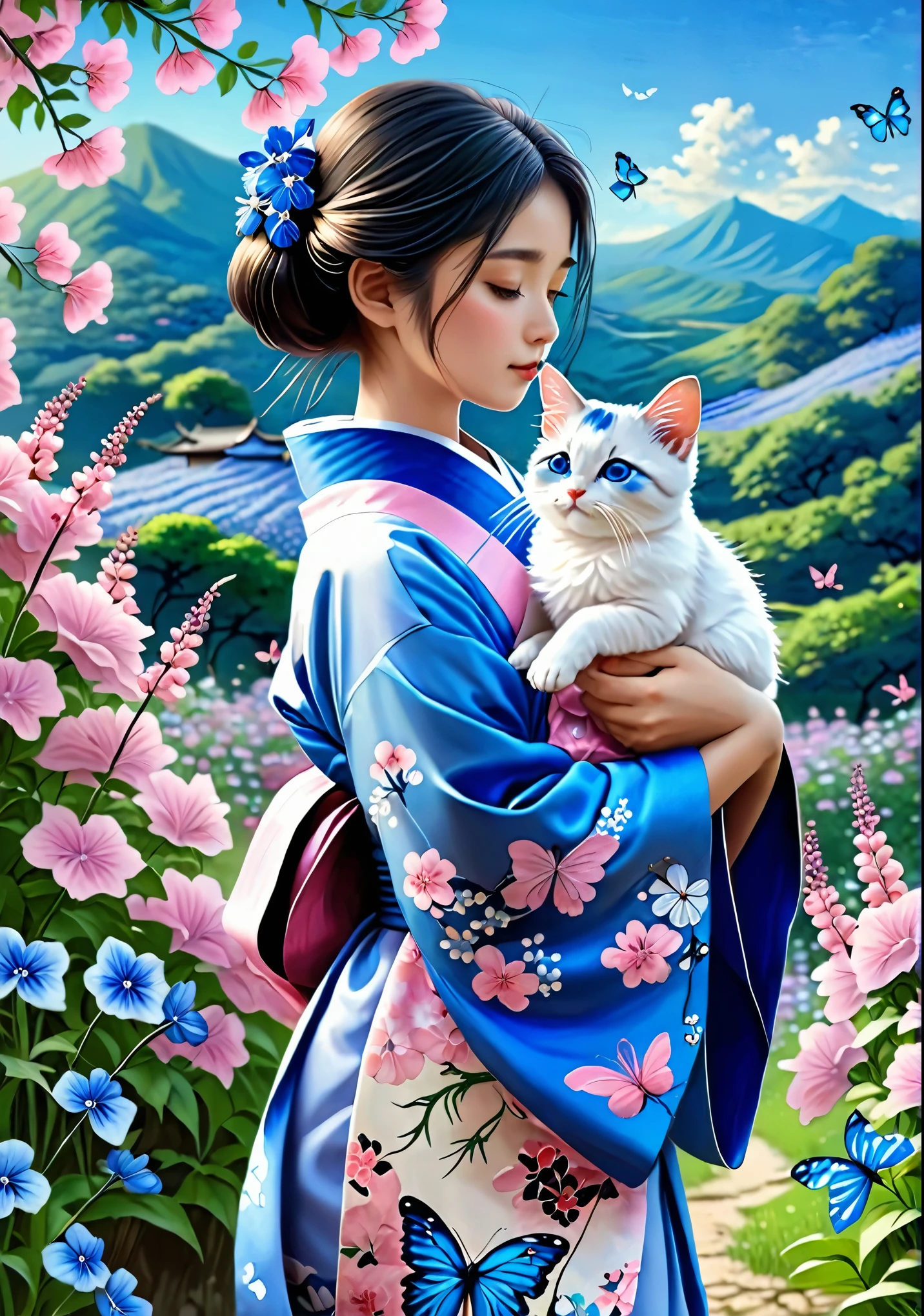 A beautiful girl in a kimono decorated with blue nemophila flowers stands like a beautiful model、14 year old girl、face of shame、Holding a small cat in his arms,,whole body,Butterflies dance,Pink flowers with a valley in the background, beautiful digital art, beautiful amazing digital art, very beautiful digital art, beautiful fantasy art