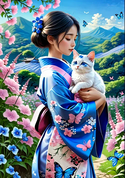 a beautiful girl in a kimono decorated with blue nemophila flowers stands like a beautiful model、14 year old girl、face of shame、...