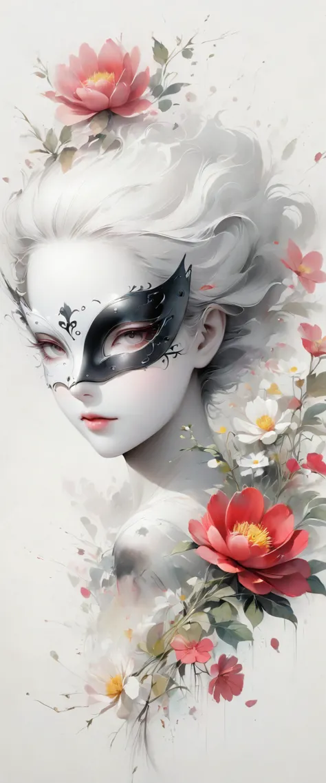 (anime line drawing:1.5)，(black and white painting:1.45)，minimalism，(line art:1.6)，sketch，charcoal drawing，mask，flower,illustrat...