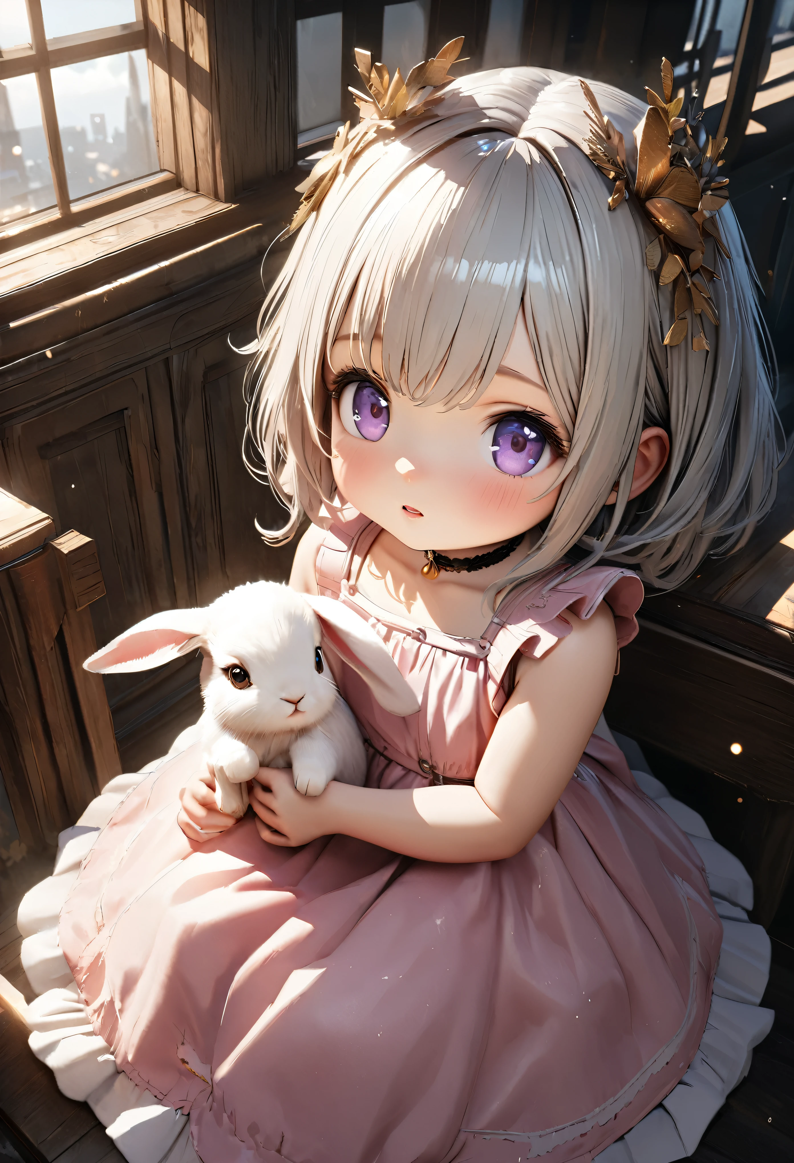 Masterpiece, Best Quality, Super Detailed, High Definition, Expensive Resolution, HDR, 4k, 8K, Unity 8k Wallpaper, Super Detailed CG, Masterpiece, Realistic, 2D, 3D, Beautiful Details, Depth, Fine Texture, Super Fine: 1.3, Fully focused, Crispy.skin, .he, very cute anime 3 year old girl, cute pink dress, alone, long silver hair, baby rabbit and fawn and friends, looking at camera, expensive, blushing, mole, parted curled lips, hair ornament, heart, purple eyes, choker