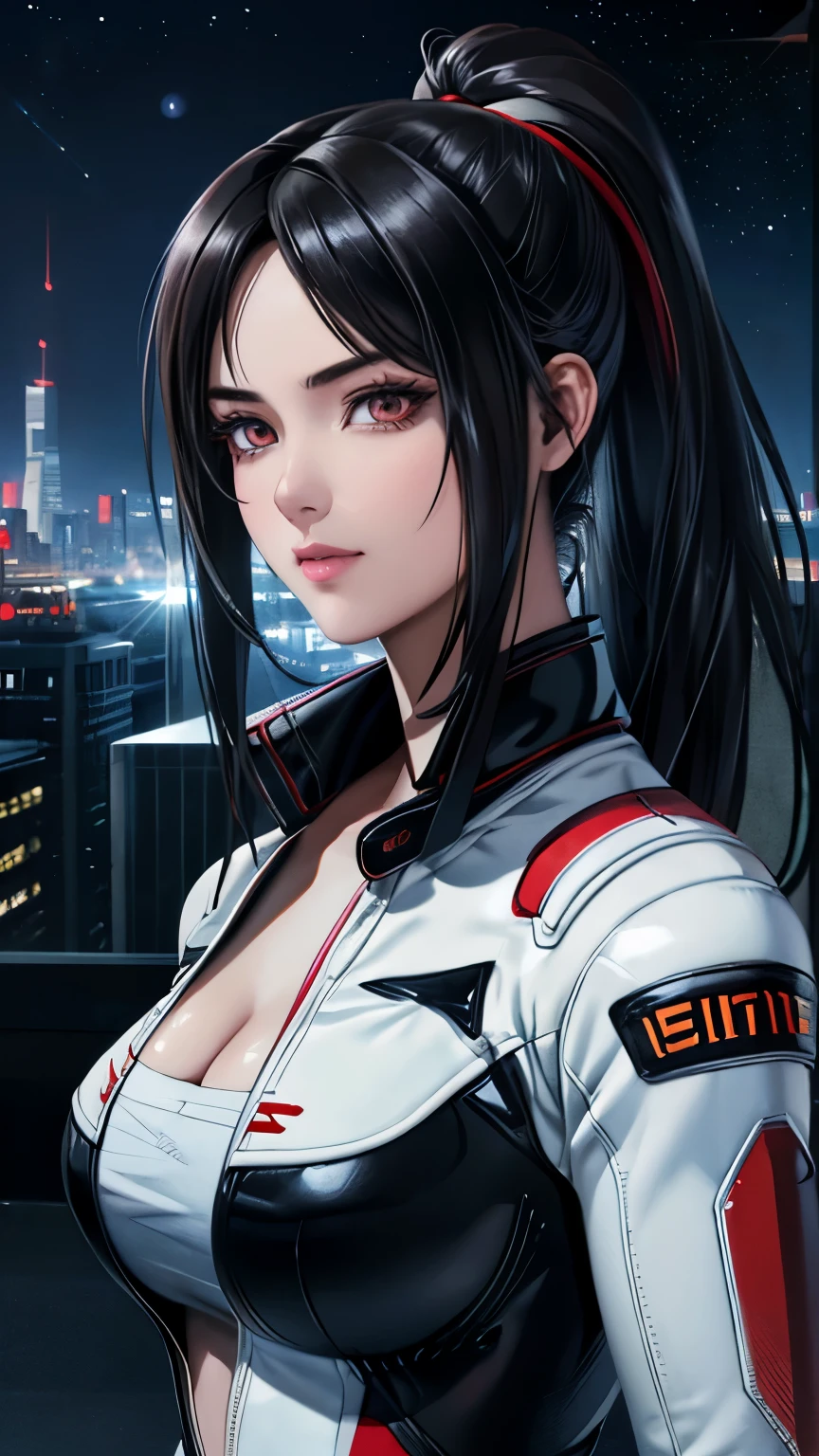 red eyes, (highest quality, masterpiece painting:1.3), immature woman, 16 years old, (half body shot), masterpiece, ultra high resolution, (Photoreal:1.0), black hair, ponytail, straight hair, beautiful shining hair, white and shining skin, ((Ultra realistic details)), octane rendering, highly detailed face, (big breasts:0.8), complete pilotsuit, adjusted pilotsuit, (red pilotsuit),cleavage, perfect body, soft skin, anime face, perfect face, perfect eyes, looking at the viewer, smart, deep in the night, Moon Night, The rooftop of a building overlooking the city, Night sky with the moon shining, photon mapping, Radio City, ((fantastic night)), ((outdoors)), sharp focus, intricate details, professional artwork, (bright colors:1.1), bright colors, diffused lighting, digital blending, ultra-definition body, ultra detail hair, super detailed face, that&#39;It&#39;s trending on pixiv, top button open, Cute gaze, compensate, perfect lips, perfect compensate, Ultra-precision coating,  (glare :1.0)