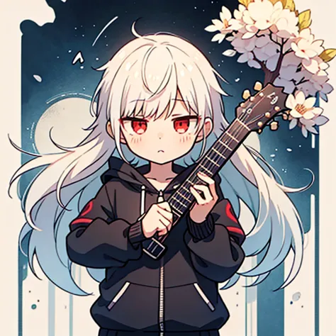 avatar image,chibi,(1 person),shining eyes,red eyes,a white-haired boy wearing a black hoodie,melancholic style, white haired go...