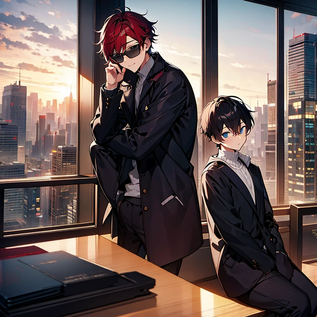 (masterpiece:1.3), (High resolution), (8K), (very detailed), 2boy, ２young people, backwards, The background is the city at sunset, backwards, The background is the city at sunset, ベンチでsit, Bad friend and a young man with asymmetrical wine-red hair wearing sunglasses, sit　and Black-haired young man　sit