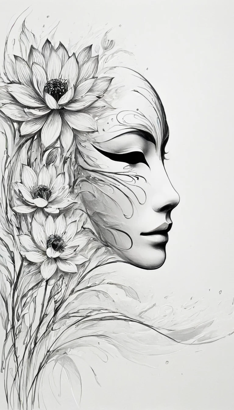 (Anime line drawing:1.5)，(black and white painting:1.45)，Minimalism，(line art:1.6)，sketch，Charcoal drawing，mask，flower,Illustration in surreal art style，surreal dream，Dubrec style,(multiple exposure：1.8),