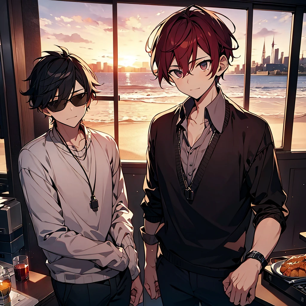 (masterpiece:1.3), (High resolution), (8K), (very detailed), 2boy, ２young people, backwards, The background is the beach at sunset, backwards, The background is the city at sunset, ベンチでsit, Bad friend and a young man with asymmetrical wine-red hair wearing sunglasses, sit　and Black-haired young man,sit