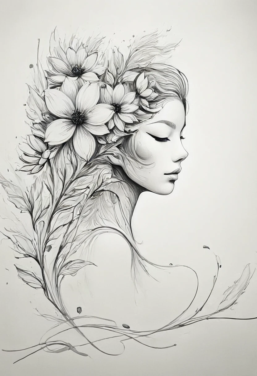 (Anime line drawing:1.5)，(black and white painting:1.45)，Minimalism，(line art:1.6)，sketch，Charcoal drawing，mask，flower,Illustration in surreal art style，surreal dream，Dubrec style,(multiple exposure：1.8),