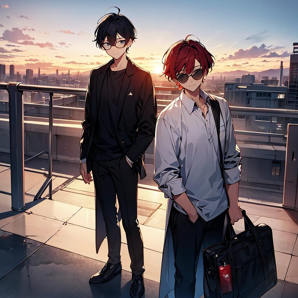 (masterpiece:1.3), (High resolution), (8K), (very detailed), 2boy, ２young people, backwards, The background is the sunset and the school rooftop, backwards, ベンチでsit, Bad friend and a young man with asymmetrical wine-red hair wearing sunglasses, sit　and Black-haired young man,sit