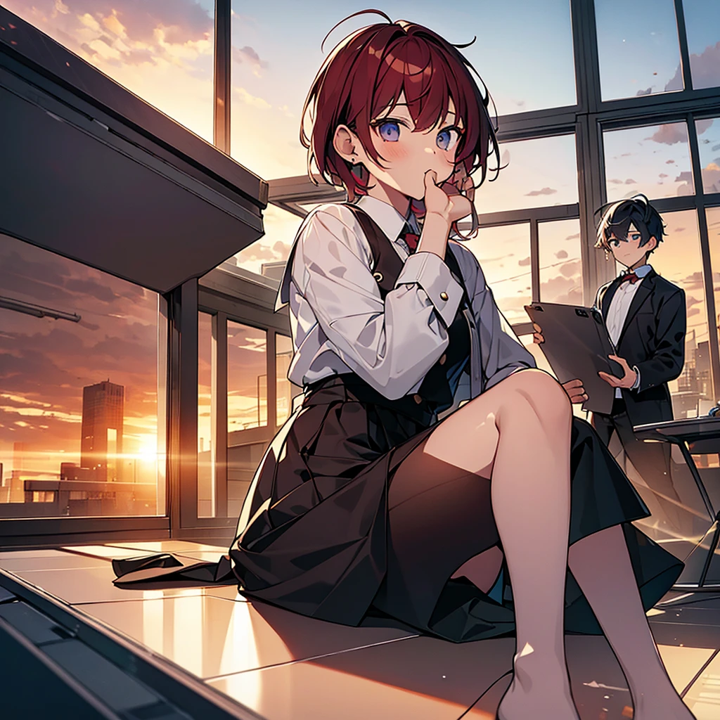 (masterpiece:1.3), (High resolution), (8K), (very detailed), 2boy, ２young people, backwards, The background is the sunset and the school rooftop, backwards, ベンチでsit, Bad friend and a young man with asymmetrical wine-red hair wearing sunglasses, sit　and Black-haired young man,sit