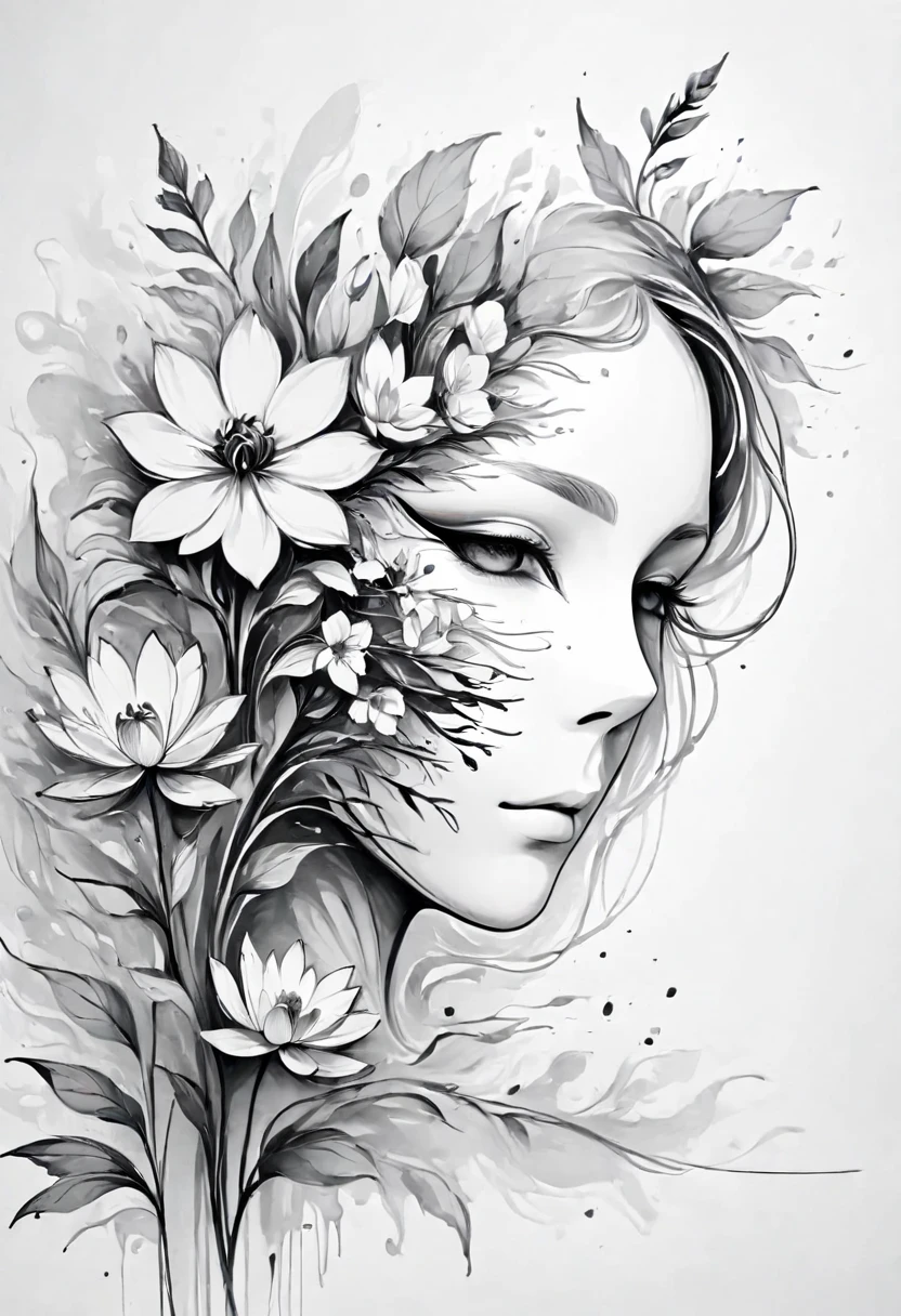 (Anime line drawing:1.5)，(black and white painting:1.45)，Minimalism，(line art:1.6)，sketch，mask，flower,Illustration in surreal art style，surreal dream，Dubrec style,