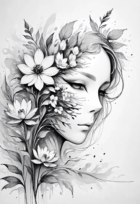 (anime line drawing:1.5)，(black and white painting:1.45)，minimalism，(line art:1.6)，sketch，mask，flower,illustration in surreal ar...