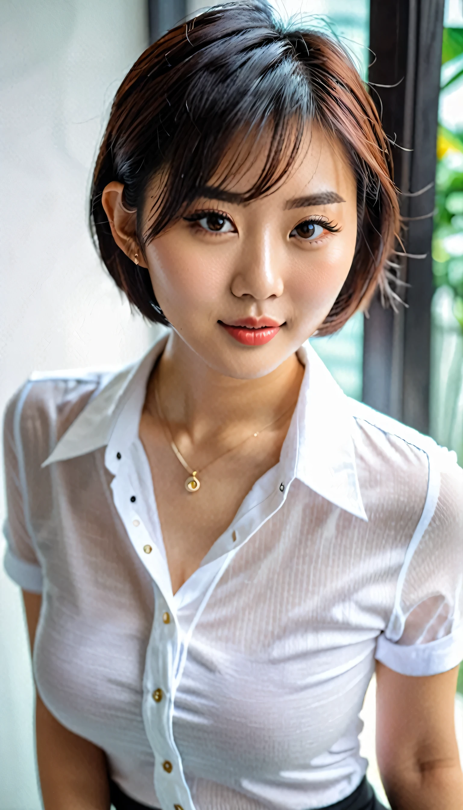 Arafed asian woman in a white shirt and black skirt - SeaArt AI