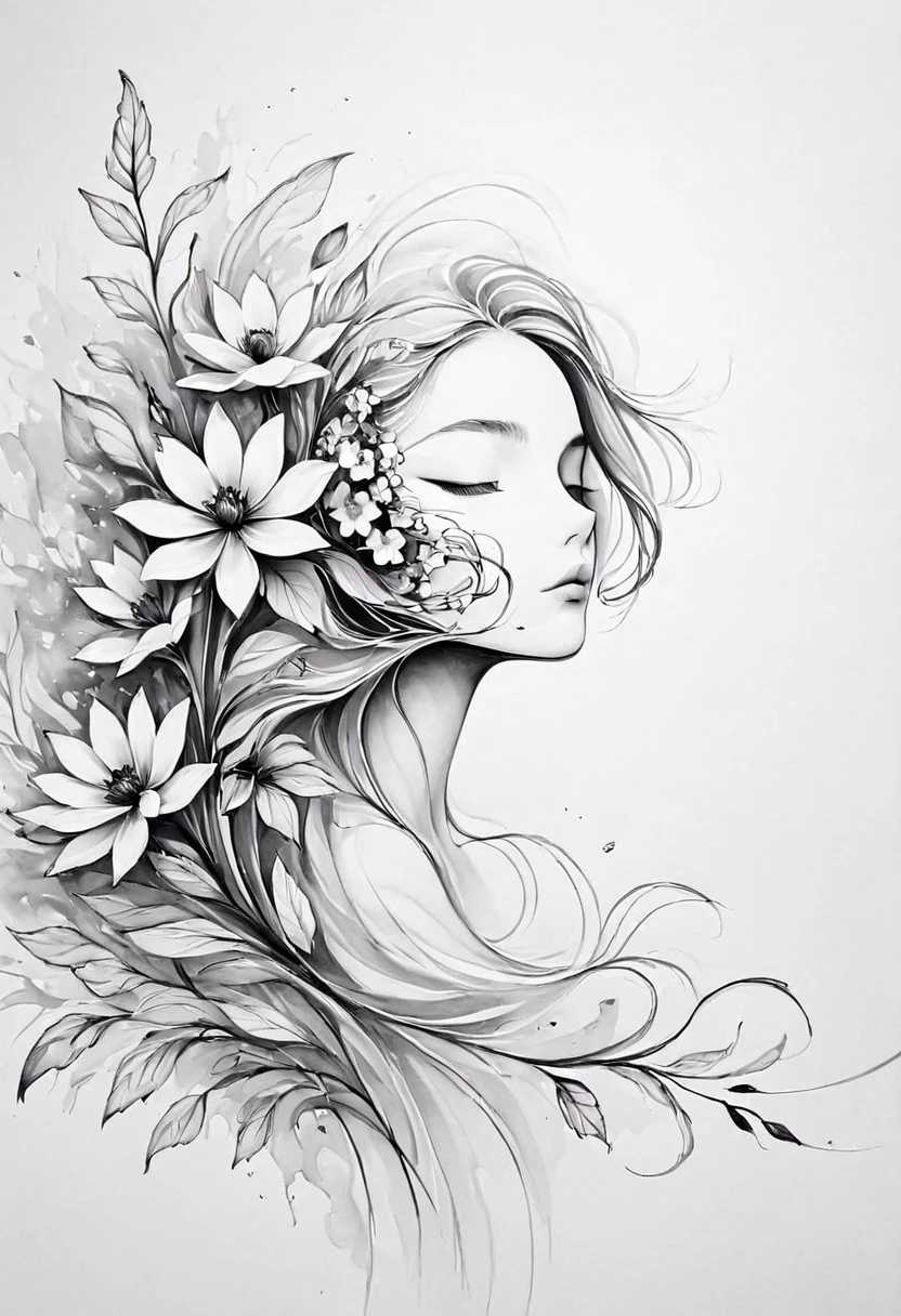 (Anime line drawing:1.5)，(black and white painting:1.45)，Minimalism，(line art:1.6)，sketch，mask，flower,Illustration in surreal art style，surreal dream，Dubrec style,