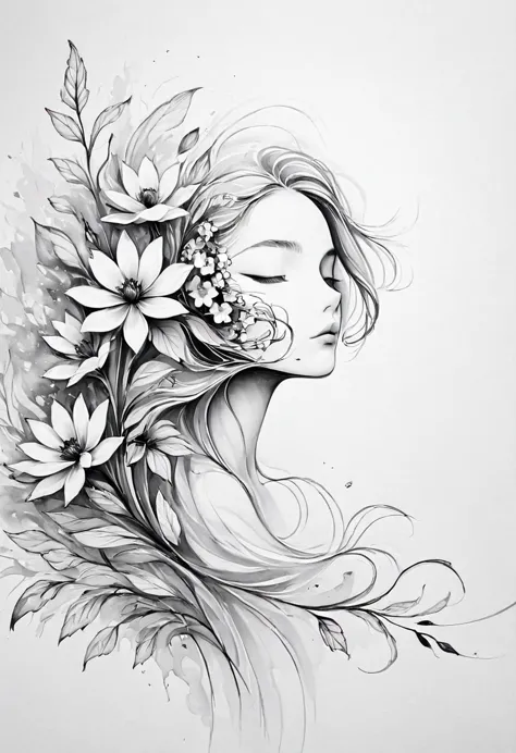 (Anime line drawing:1.5)，(black and white painting:1.45)，Minimalism，(line art:1.6)，sketch，mask，flower,Illustration in surreal ar...