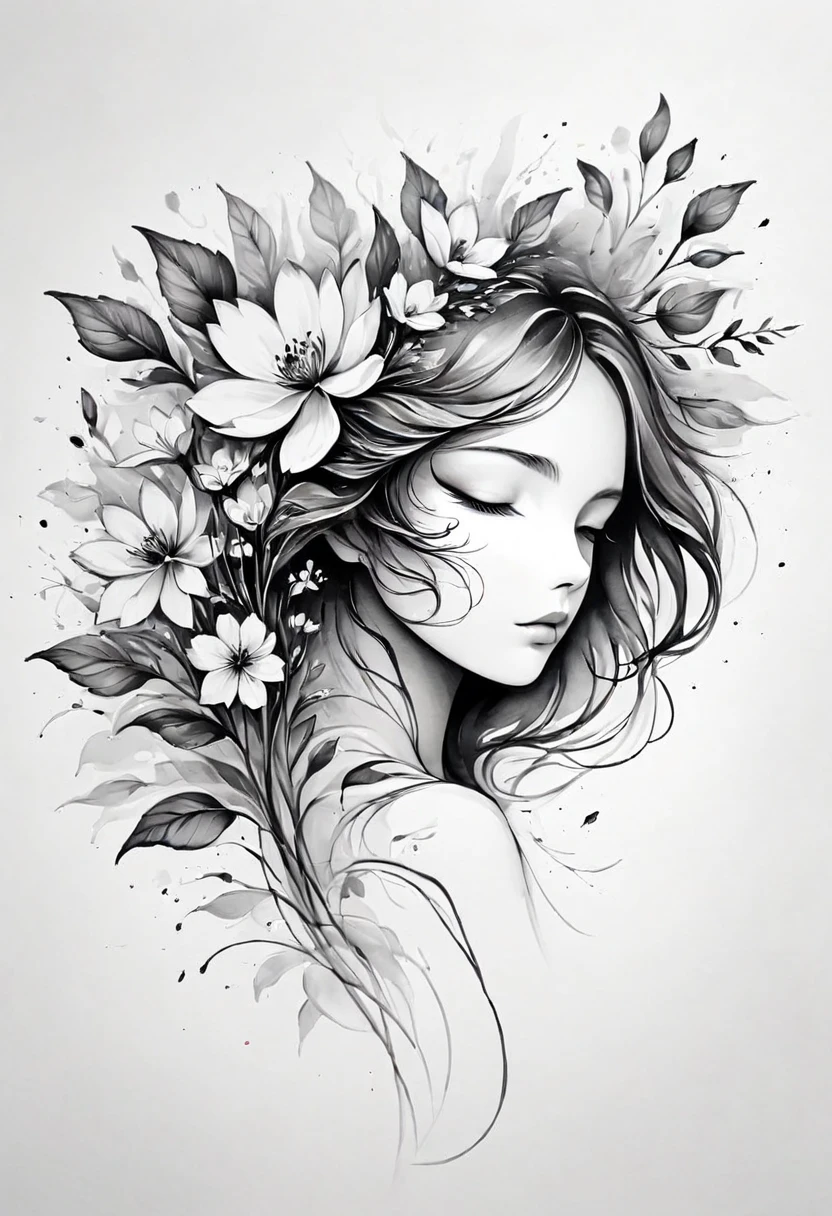 (Anime line drawing:1.5)，(black and white painting:1.45)，Minimalism，(line art:1.6)，sketch，mask，flower,Illustration in surreal art style，surreal dream，Dubrec style,