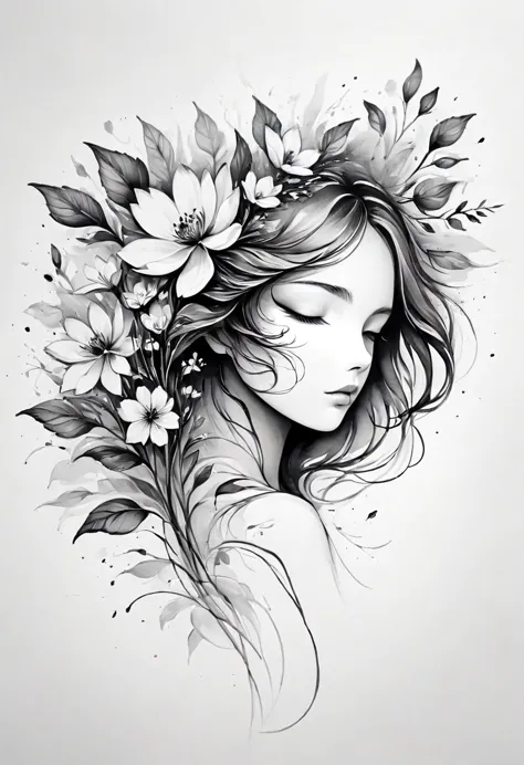 (anime line drawing:1.5)，(black and white painting:1.45)，minimalism，(line art:1.6)，sketch，mask，flower,illustration in surreal ar...