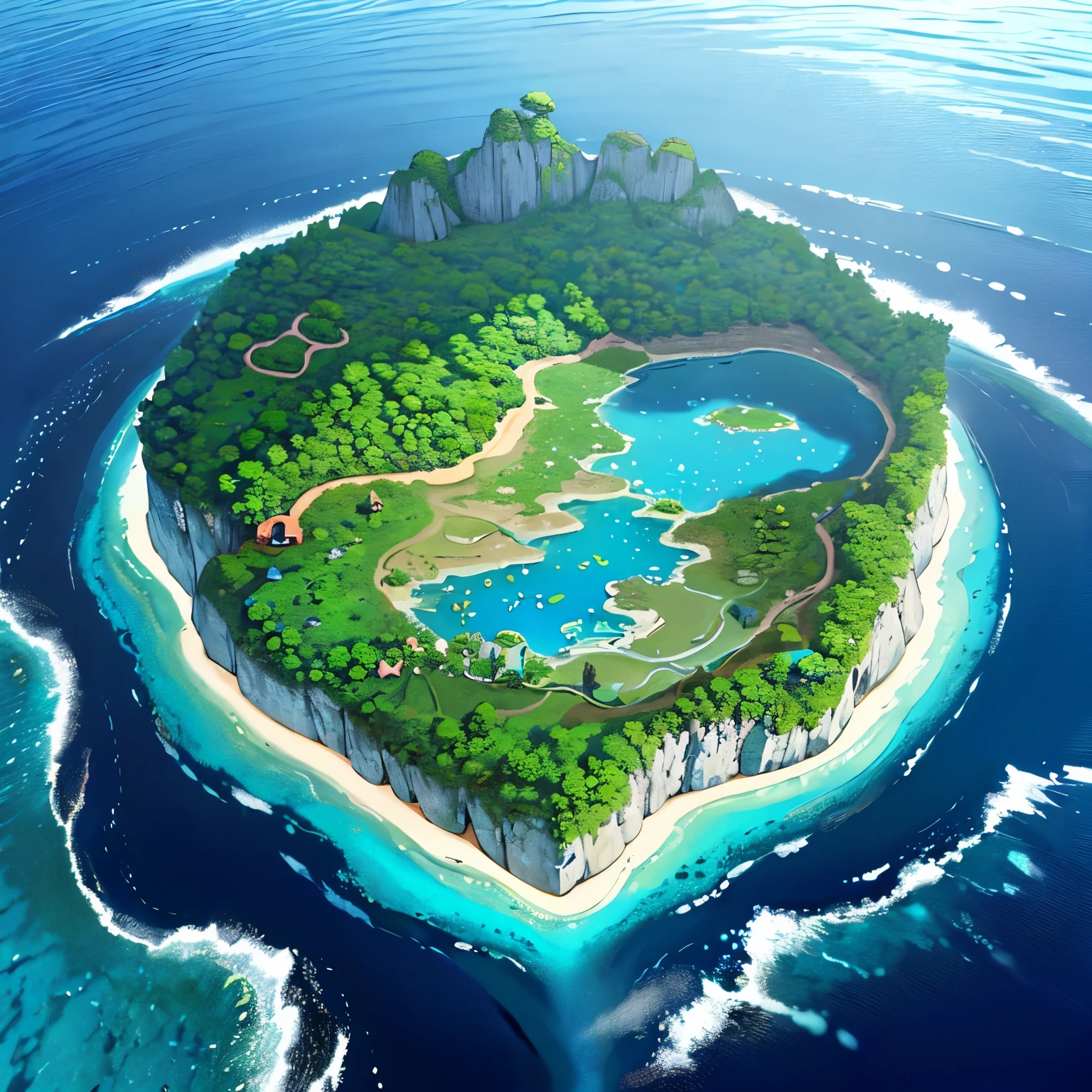 from above, best quality, super fine, 16k, incredibly absurdres, extremely detailed, heart-shaped island surrounded by clear, beautiful coral reef waters, lush greenery, waterfalls, rivers, fantasy world image, fantastic and mysterious, variety of visual styles that combine various artistic elements like a sparkling iridescent pastel and vivid colors